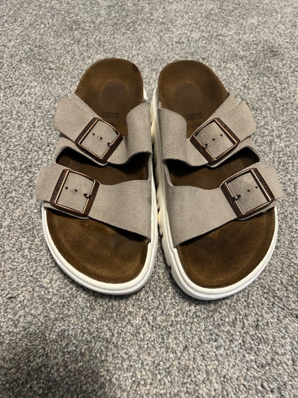 Papillio Taupe Suede Double Buckle Slide Sandals with White Sole - Picture 2 of 7